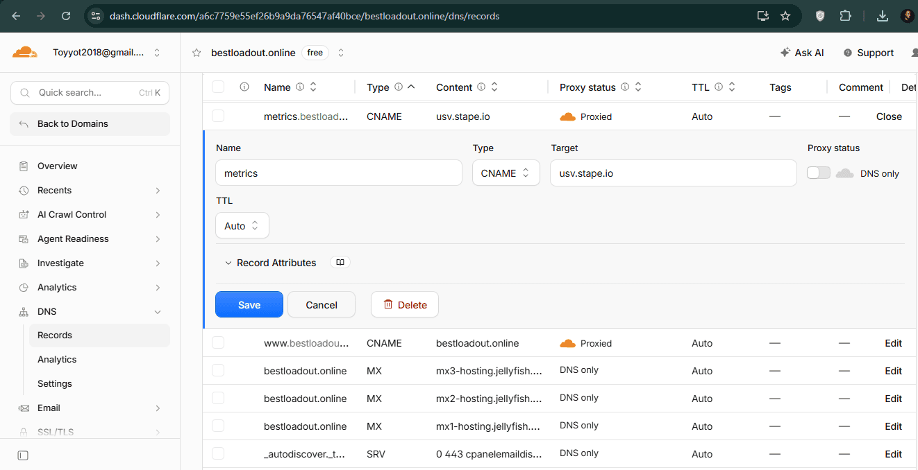 Cloudflare DNS Mapping showing CNAME pointing to Stape with DNS Only toggled