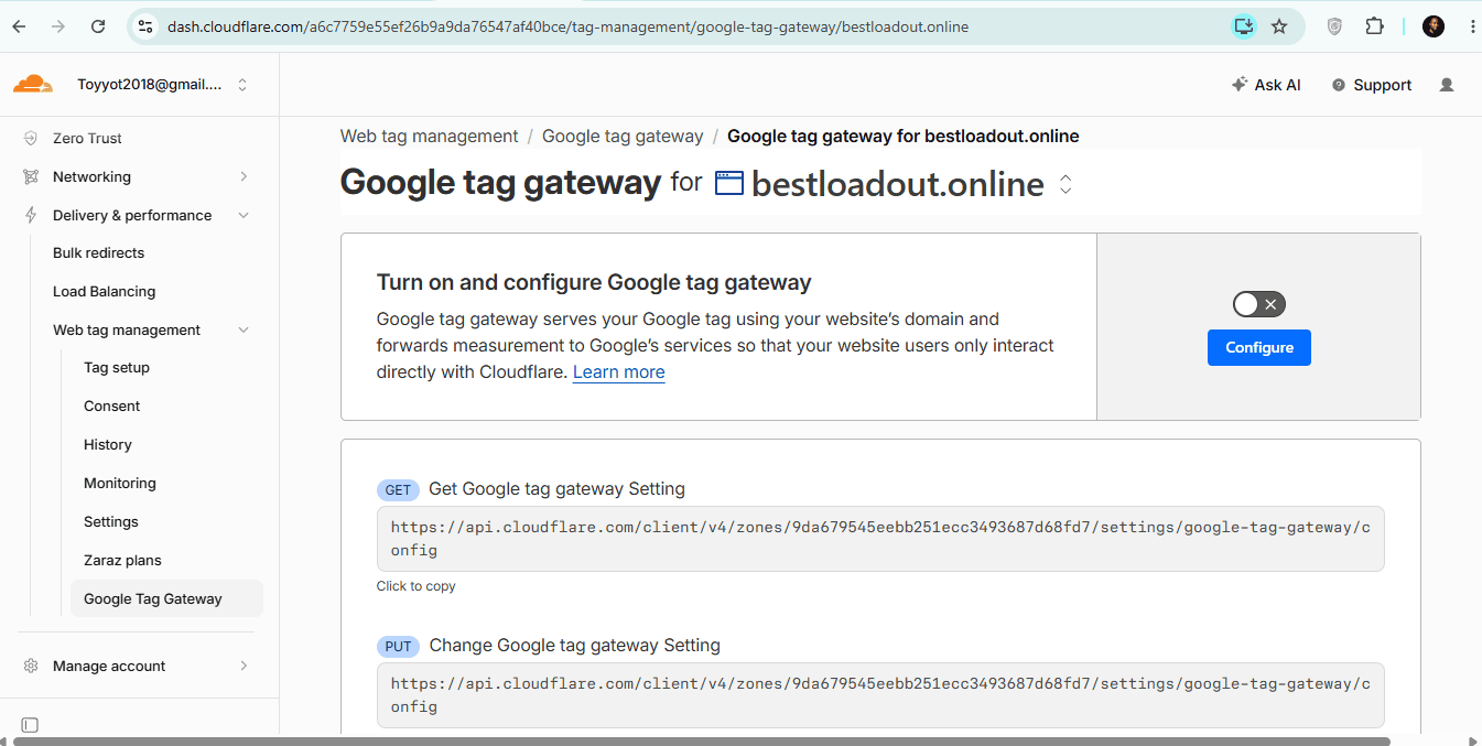 Cloudflare GTG Settings - Set up tag toggle turned OFF