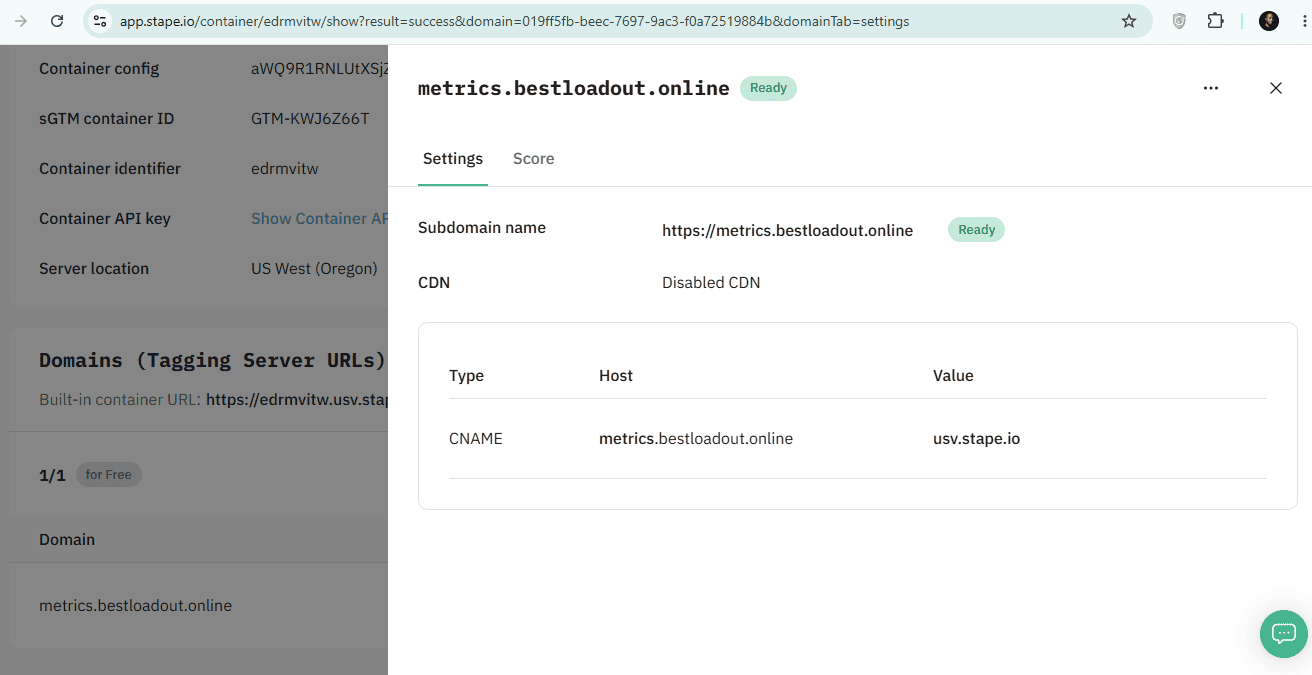 Stape Domain Setup showing metrics.bestloadout.online as Ready