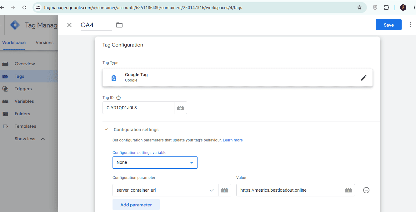 Web GTM base tag showing server_container_url mapped to subdomain